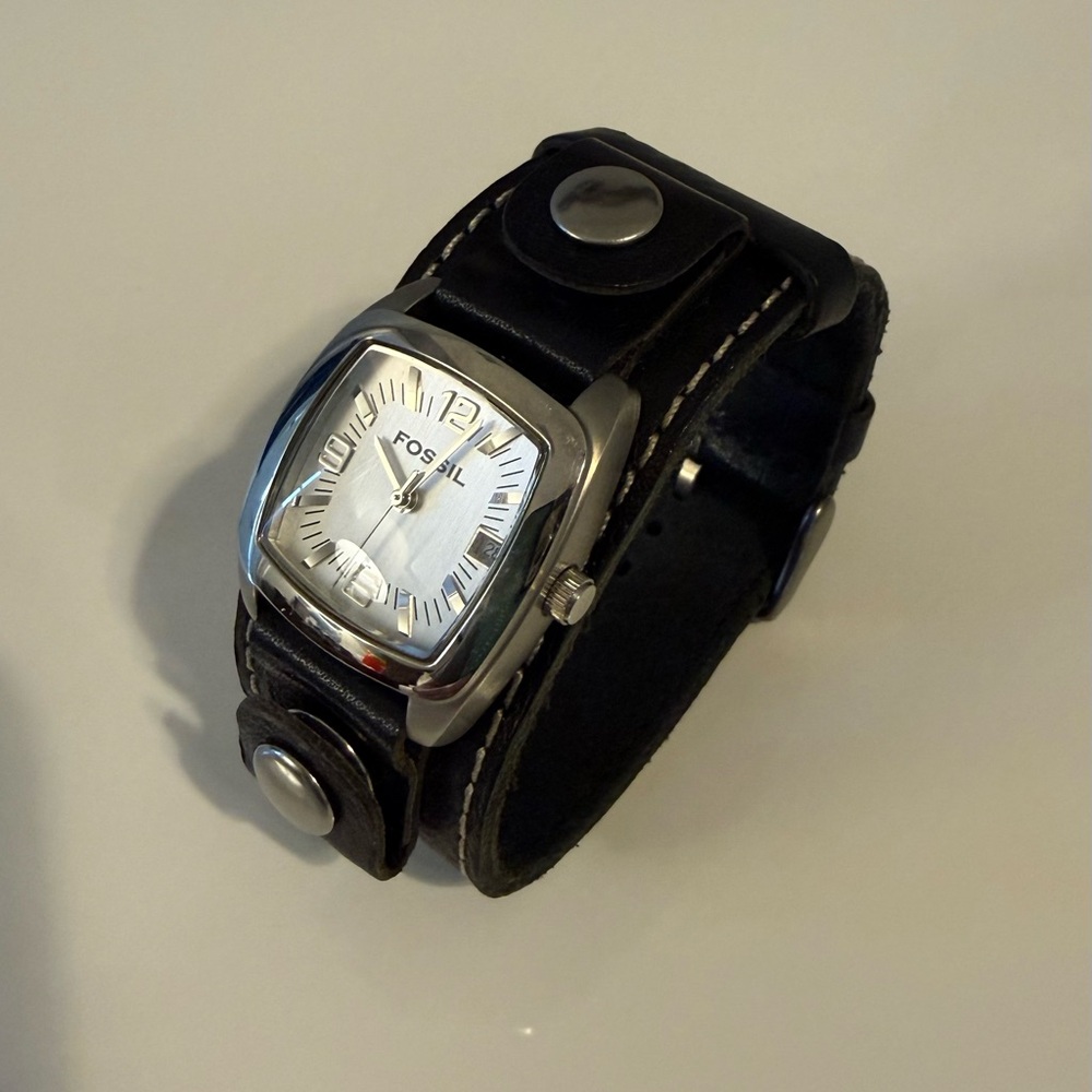 Fossil Silver Dial Watch with Black Leather Cuff